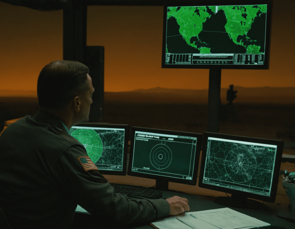 Noční vojenská základna s vysokými radary sledujícími neznámý létající objekt na obloze. Vojenský analytik na monitoru sleduje infračervený záznam objektu podobného Tic Tac UFO. Temná atmosféra, zelené podsvícení obrazovek, na stole leží složky s označením 'UAP – Pentagon Report 2023'. Napětí, tajemství a moderní technologie