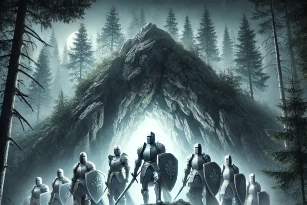 ilustrace inspirovaná písní „Blaník volá“ – legendární blaničtí rytíři se probouzejí z podzemí pod horou Blaník v mystické atmosféře měsíční noci.