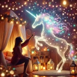 magická ilustrace jednorožce tančícího v útulném pokoji plném barevných světel a jiskřící atmosféry