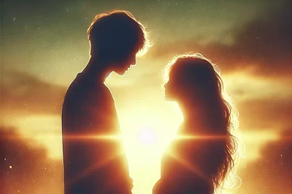 obrázek zachycující romantickou atmosféru – dva milenci stojí blízko sebe v jemném večerním světle, jejich ruce se téměř dotýkají, symbolizující hluboké spojení a nevyřčenou lásku.