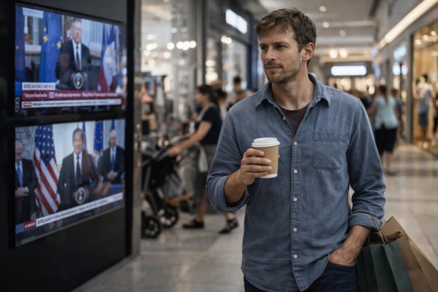 Prozkoumejte psychologii neúčastněného občana, který utápí své svědomí v konzumu a povrchnosti.